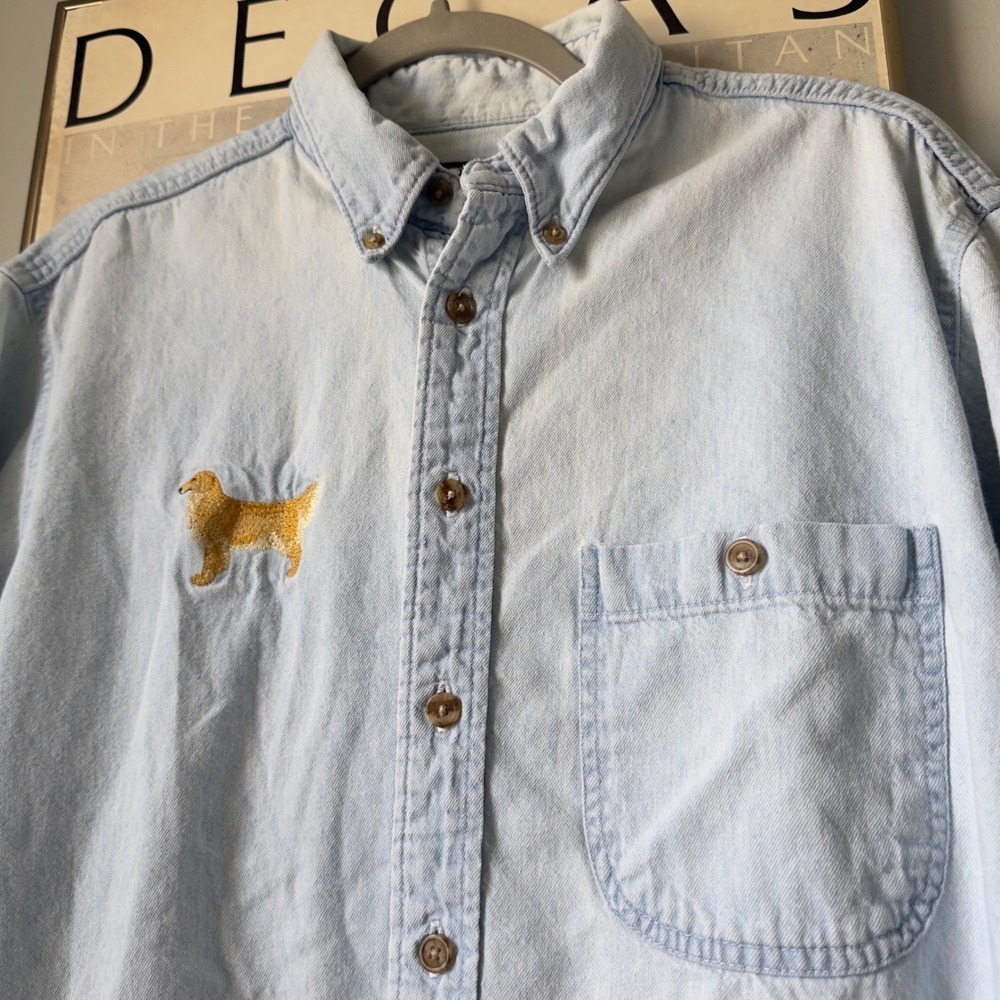 Vintage Embroidered Denim Shirt Golden Retriever Light Wash Three Rivers Mens M